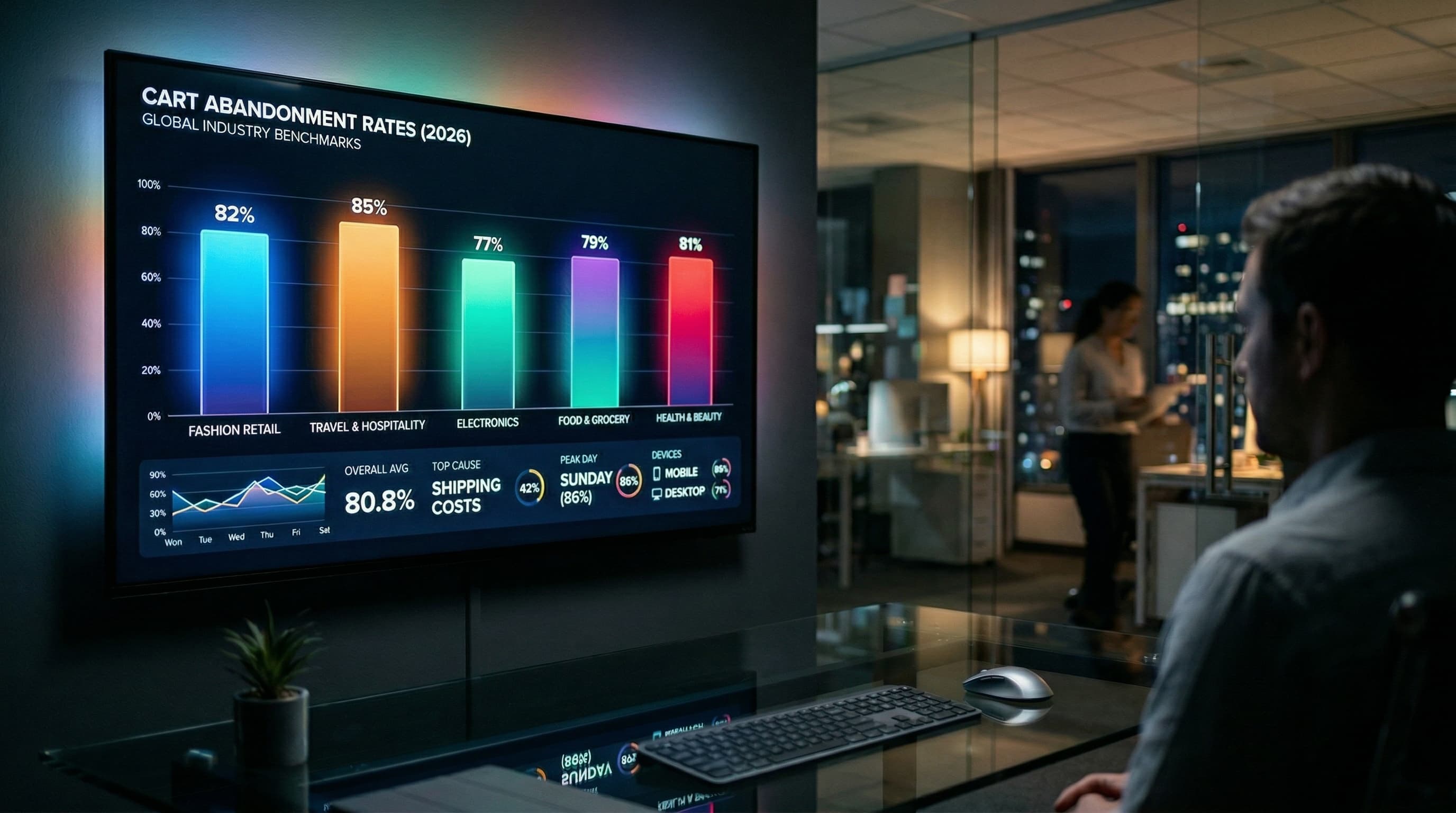 Dashboard displaying cart abandonment rates by industry in 2026 with bar charts comparing fashion retail travel electronics and grocery benchmarks
