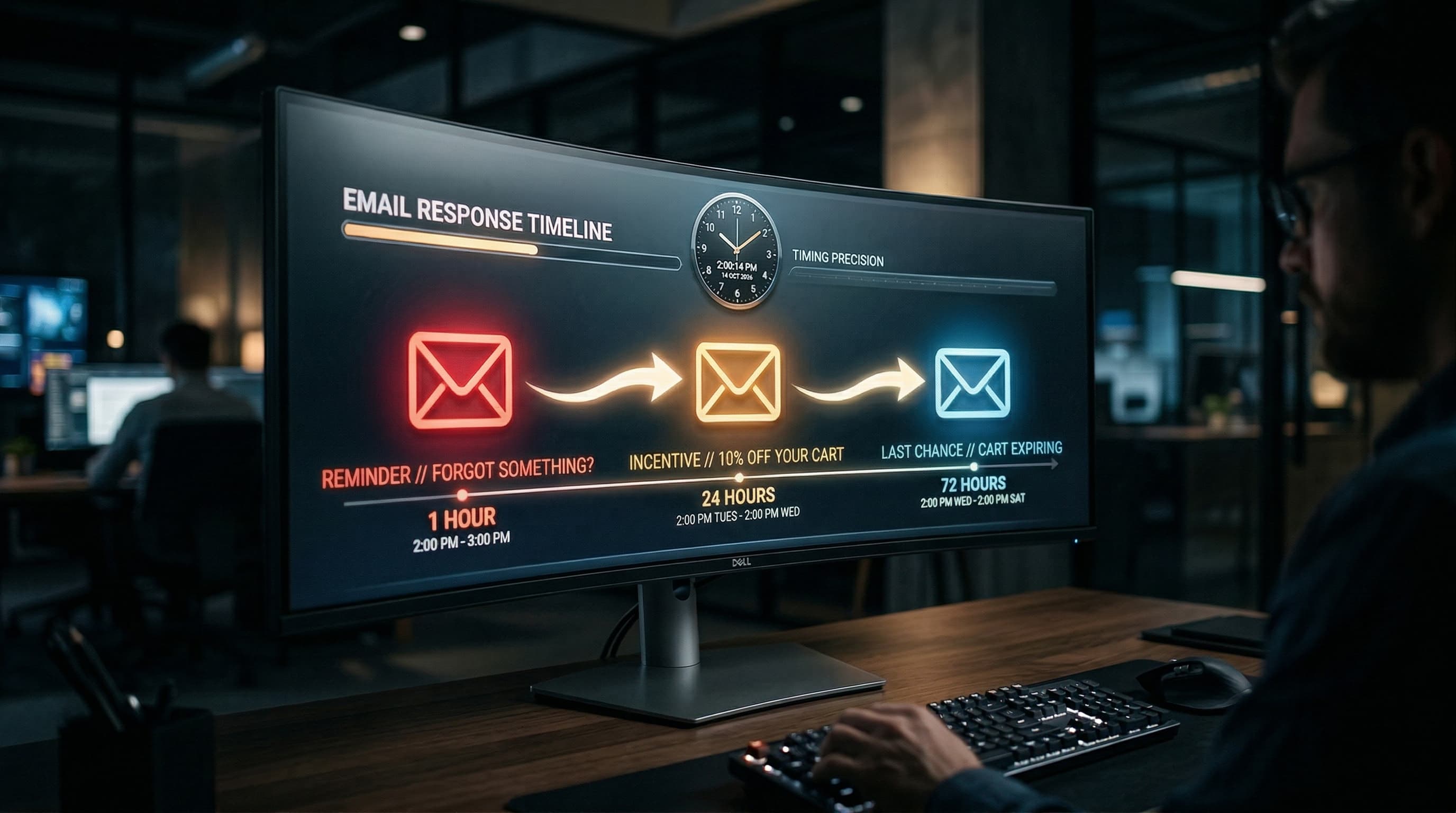 Email response timeline on curved monitor showing three abandoned cart emails at 1 hour 24 hours and 72 hours with color-coded urgency levels