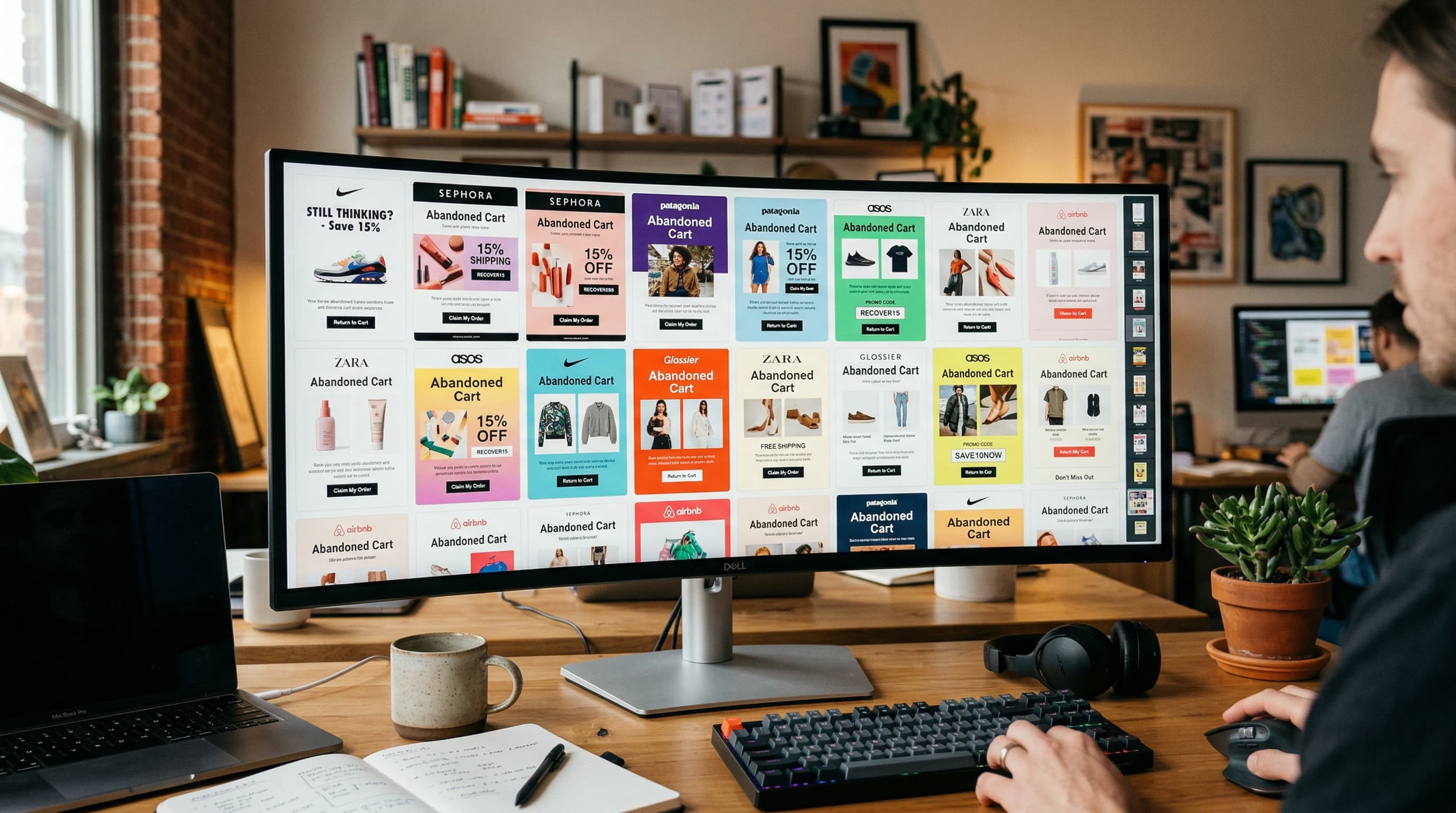 Wide monitor displaying a grid of 45 plus abandoned cart email examples from real ecommerce brands with discount codes and product images