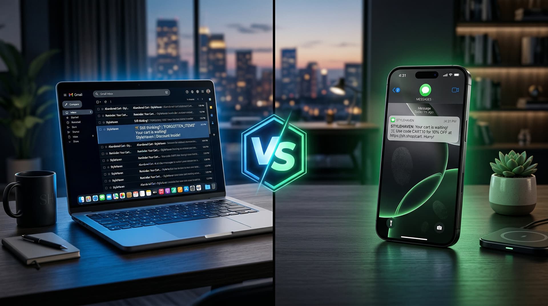 Laptop showing abandoned cart emails versus smartphone displaying SMS cart reminders with glowing VS icon comparing email and SMS recovery channels