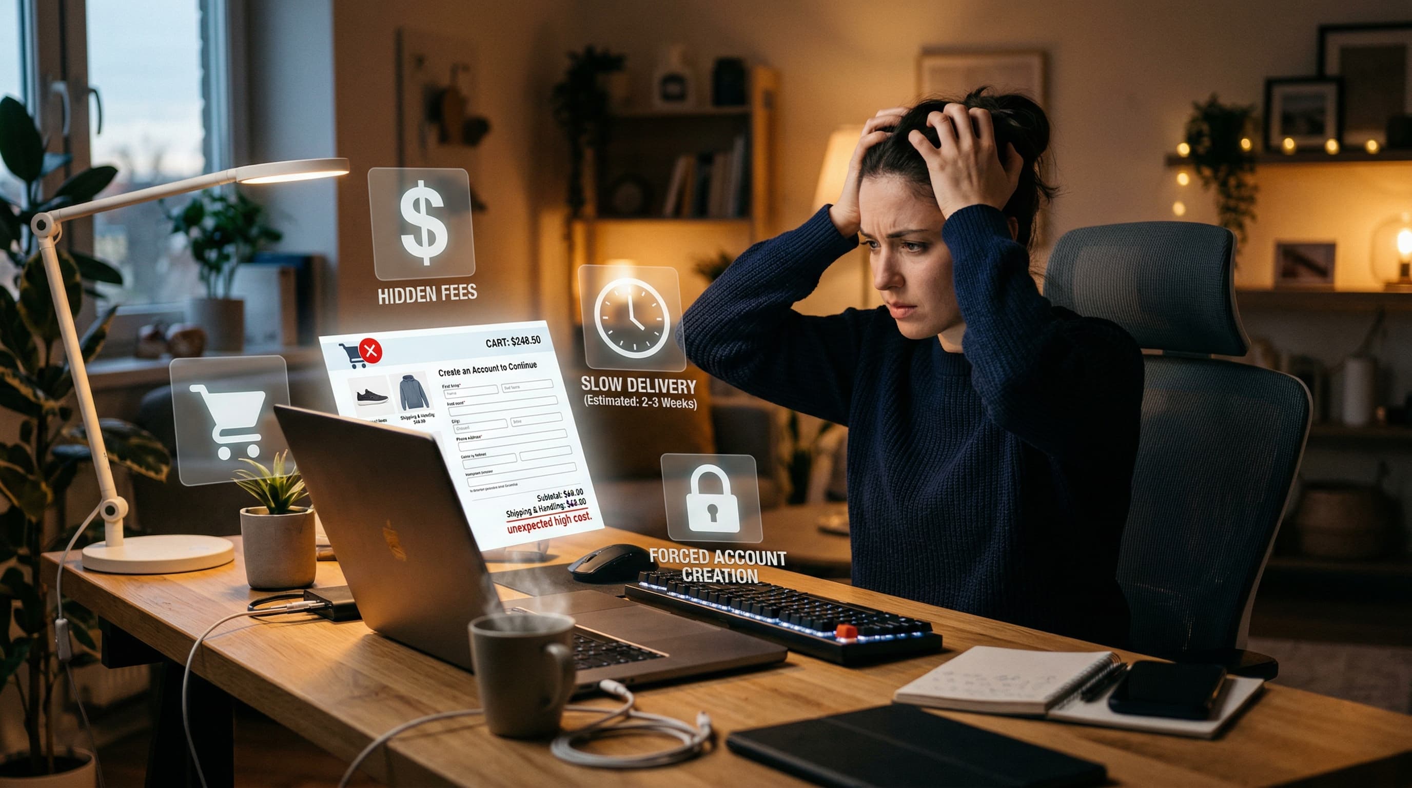 Frustrated shopper at laptop with holographic icons showing hidden fees slow delivery and forced account creation as reasons customers abandon carts