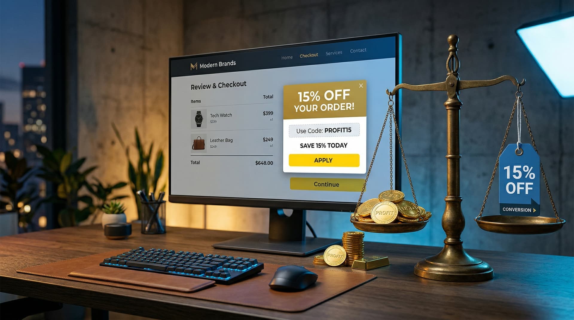 Ecommerce checkout screen with 15 percent off discount popup next to a balance scale weighing gold coins against a discount tag representing cart