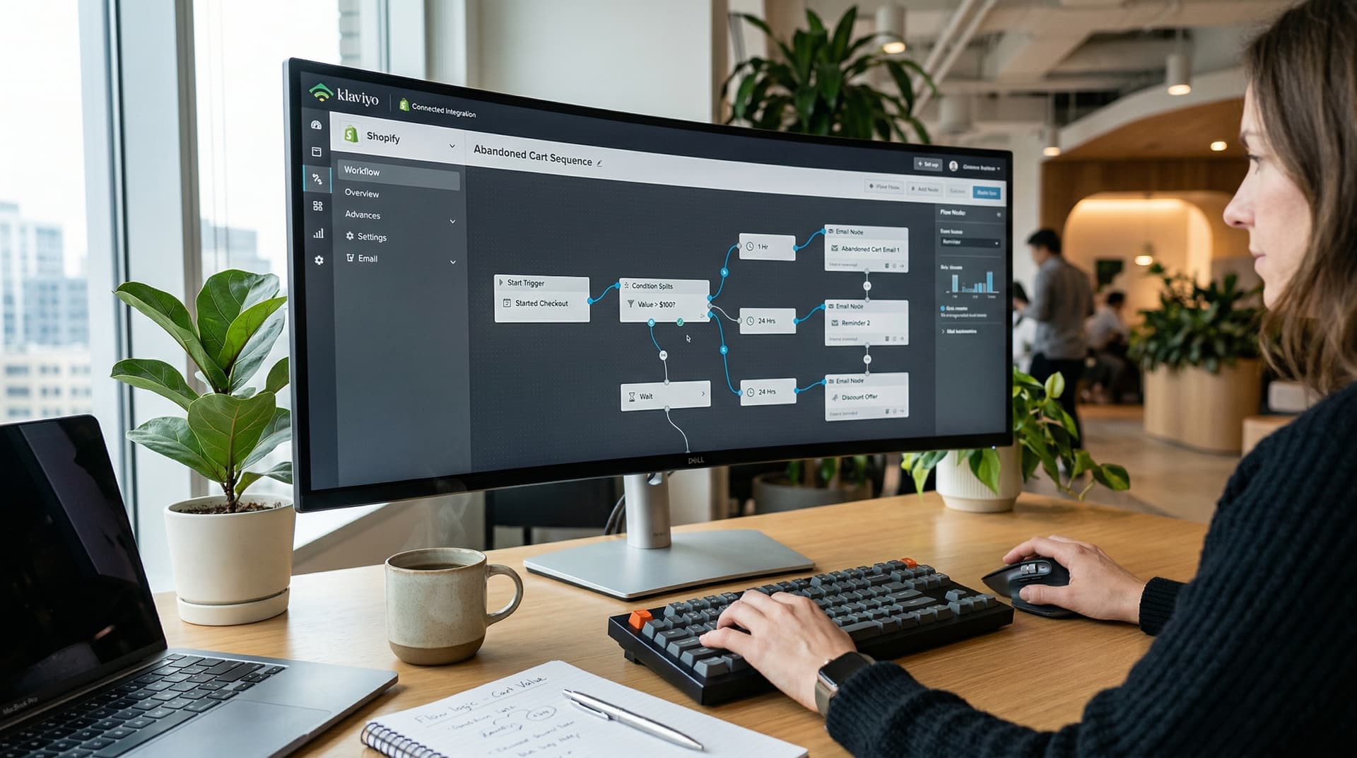 Marketer building an abandoned cart email flow in Klaviyo with Shopify integration showing automation triggers conditional splits and email nodes on
