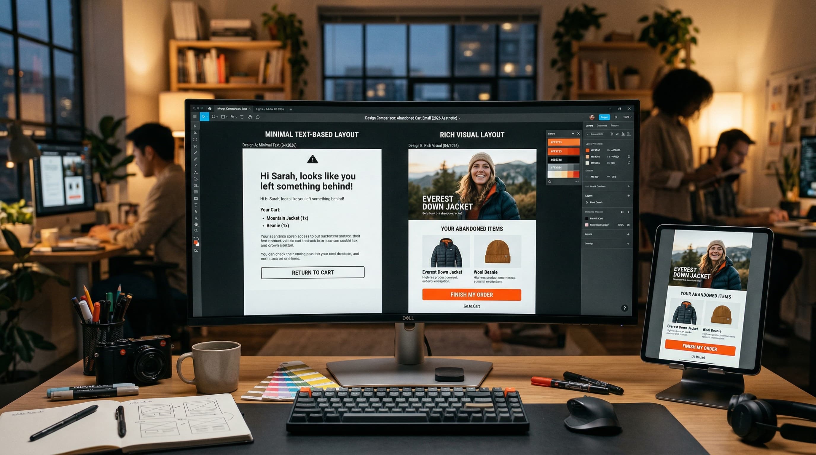 Designer workspace showing side-by-side comparison of minimal text-based and rich visual abandoned cart email template layouts with mobile responsive