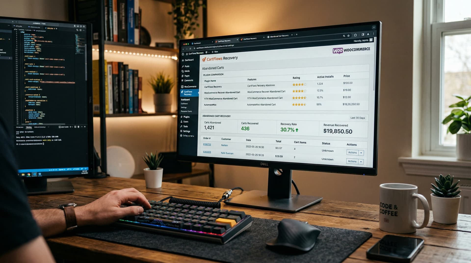 WooCommerce dashboard showing abandoned cart recovery plugin comparison table and recovery stats with 30 percent recovery rate on developer dual monit