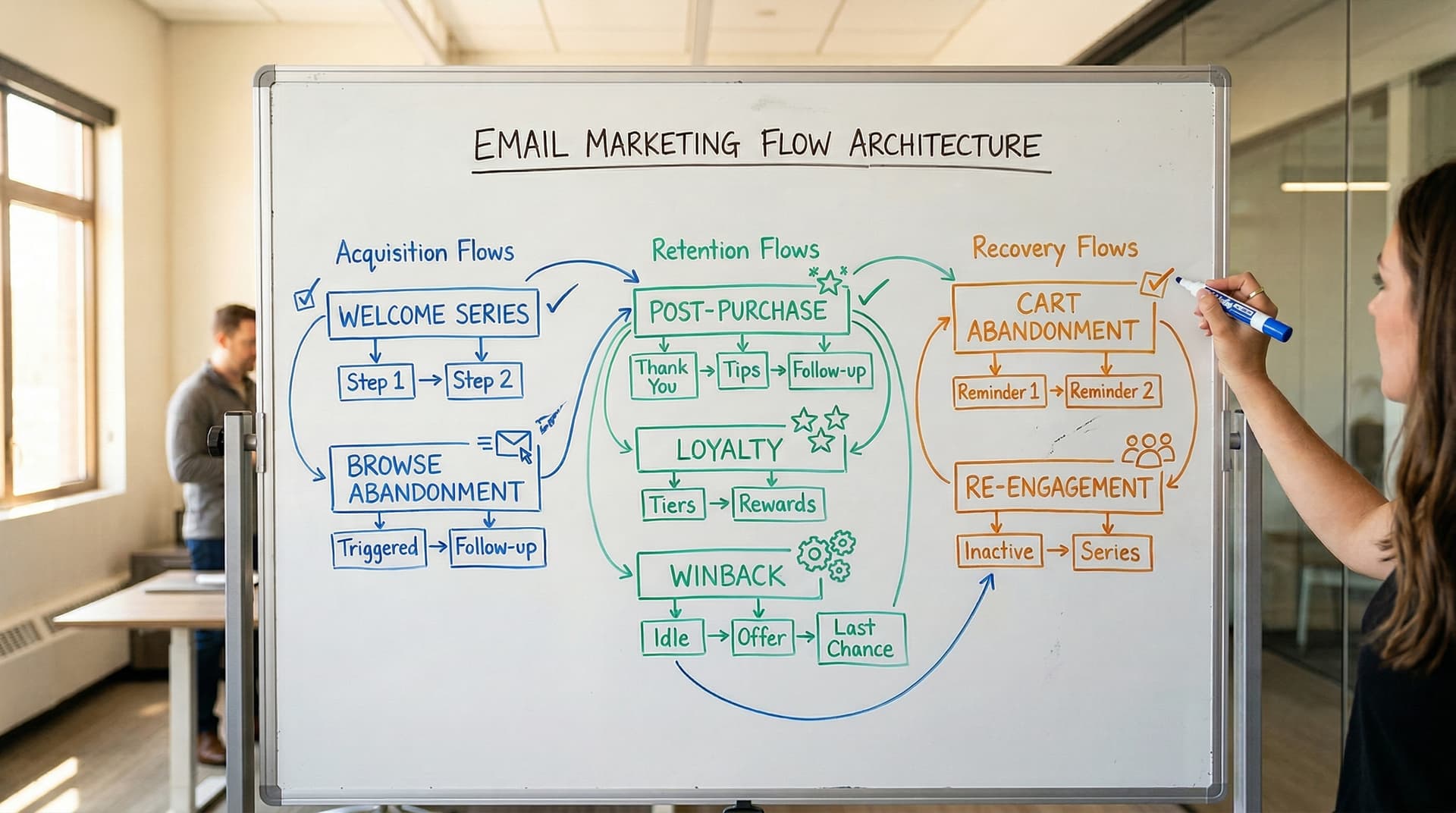 Whiteboard showing hand-drawn email marketing flow architecture with acquisition, retention, and recovery flows connected by arrows in a strategy sess