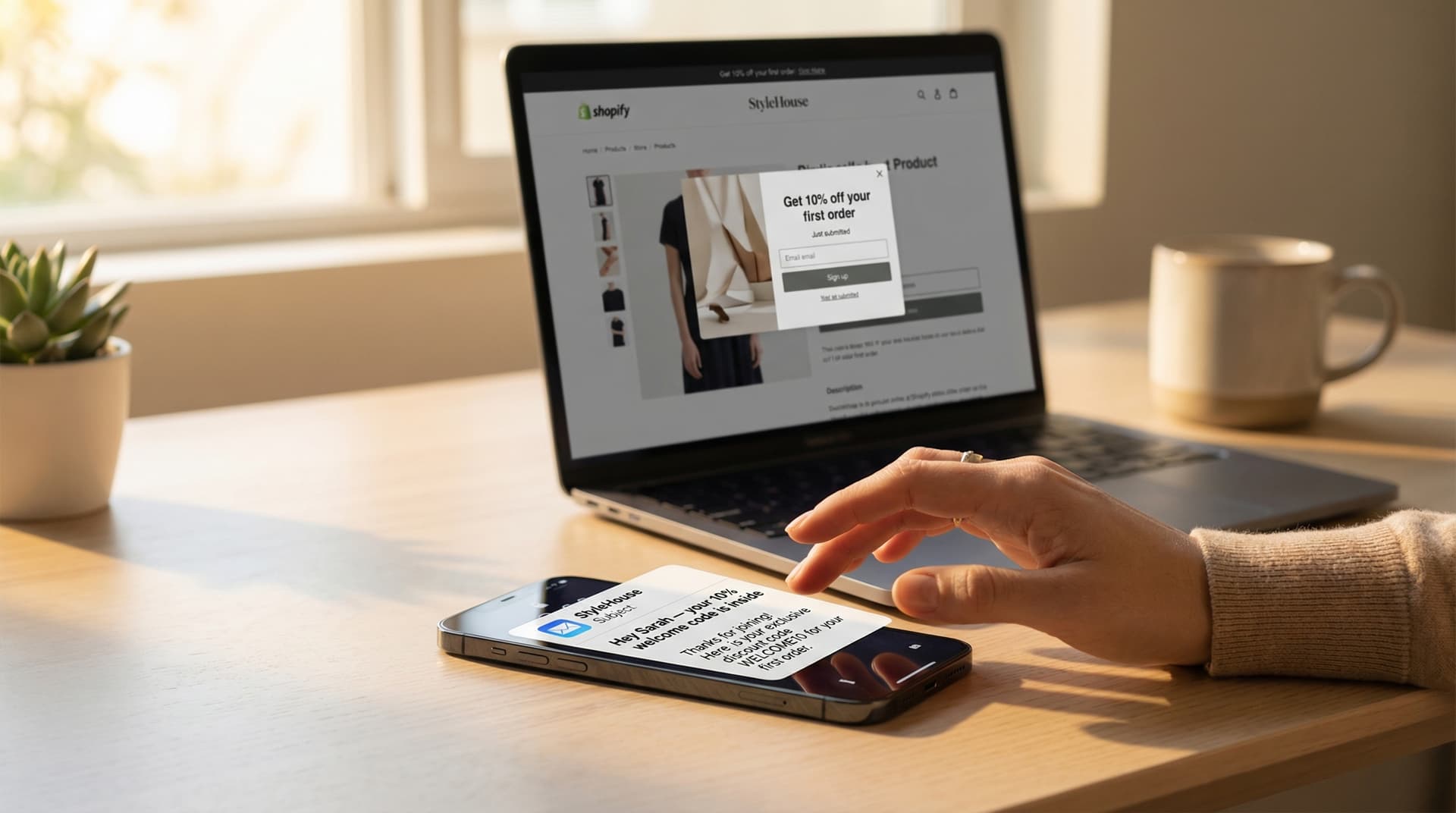 Smartphone shows a welcome email notification reading "your 10% code is inside" next to a Shopify store with signup popup, capturing the moment betwee