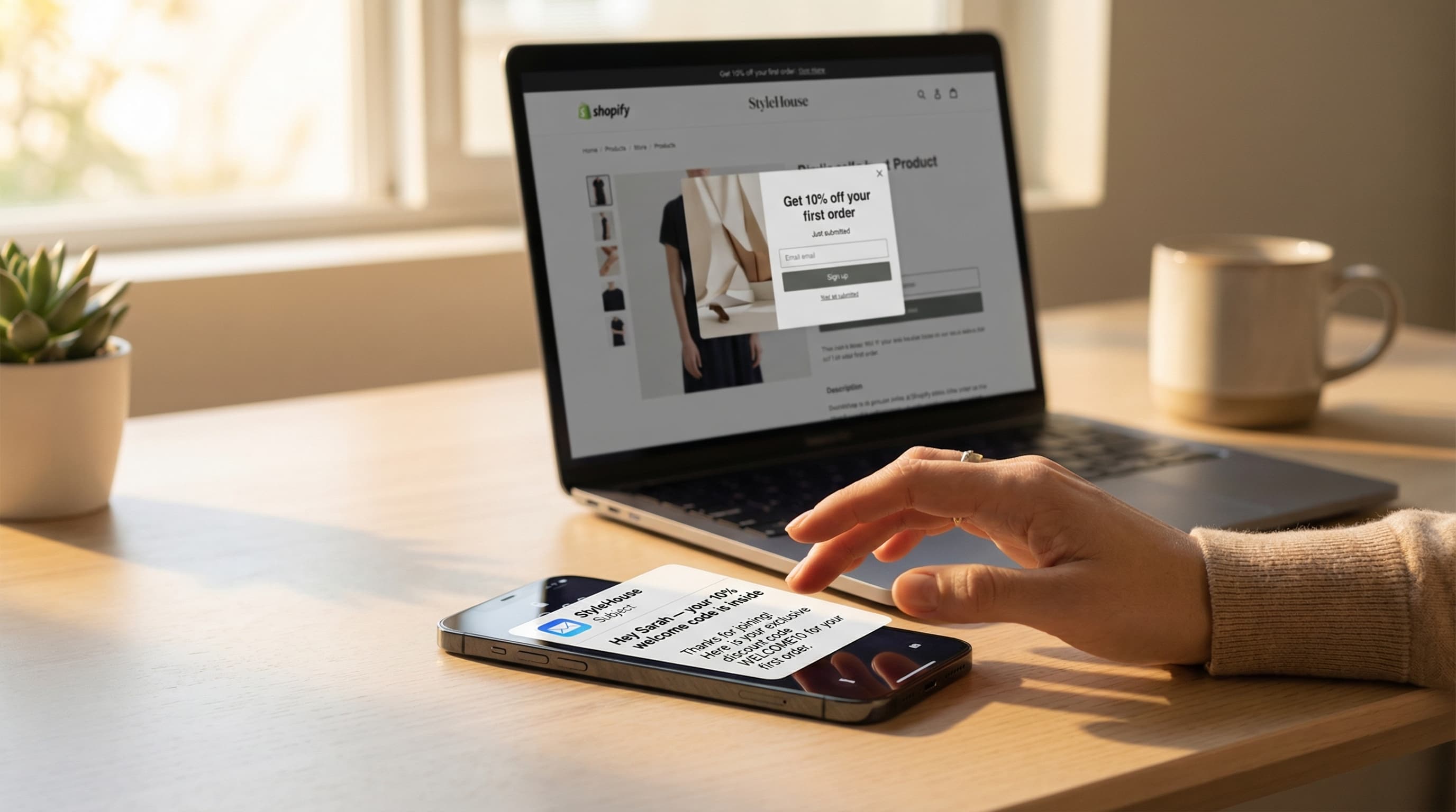 Smartphone shows a welcome email notification reading "your 10% code is inside" next to a Shopify store with signup popup, capturing the moment betwee