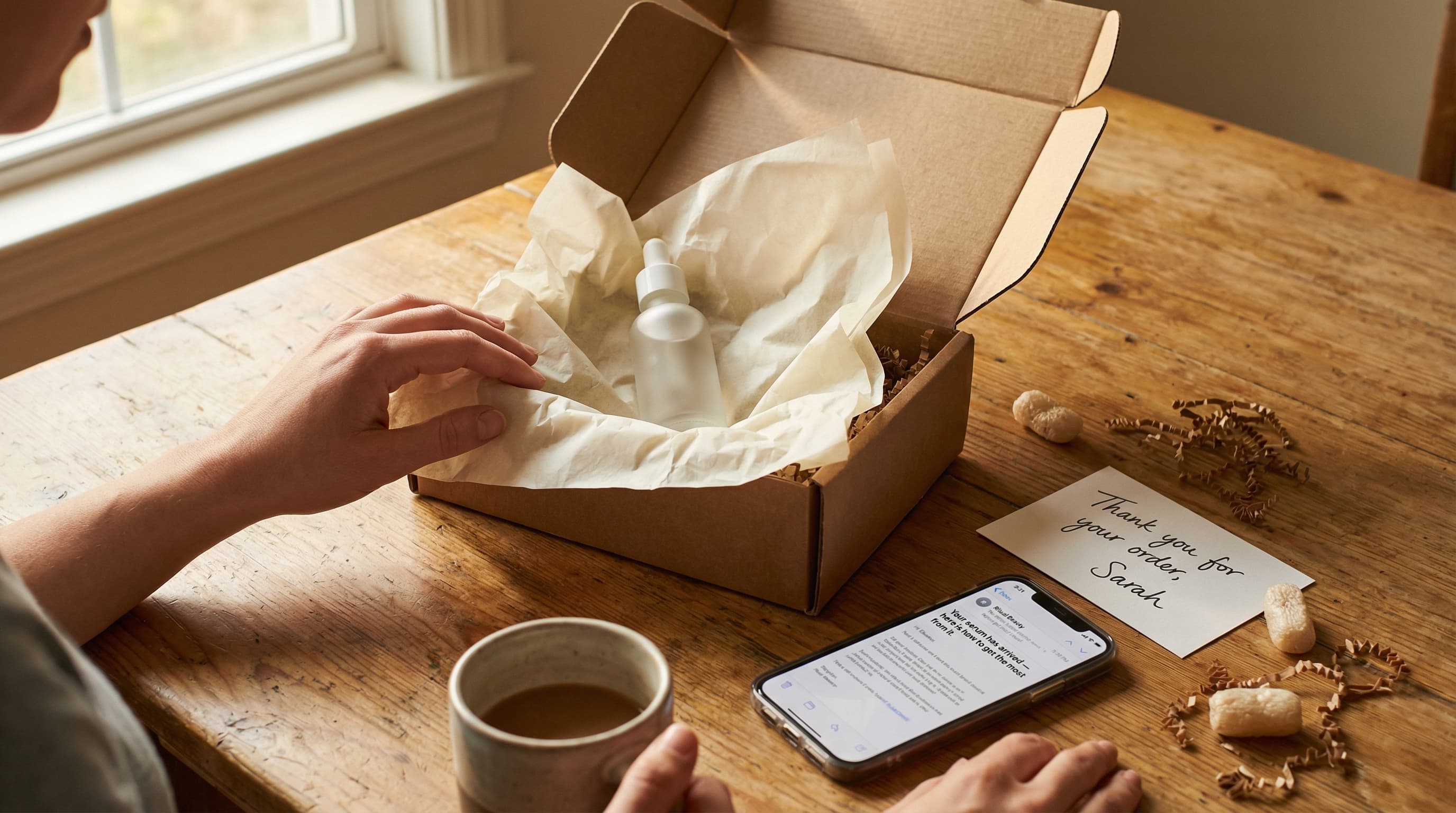 Customer opens a shipping box with tissue paper and a personalized thank you card while a post-purchase delivery follow-up email appears on a nearby p