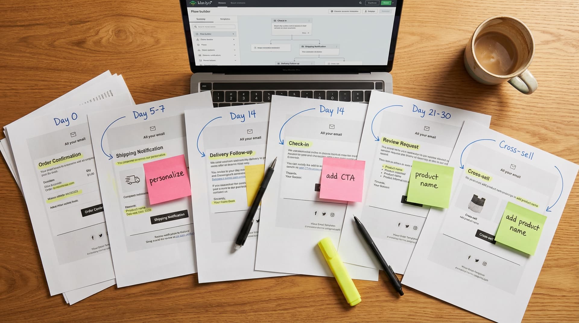 Printed post-purchase email templates from order confirmation to cross-sell spread on a desk with timing annotations, sticky notes, and a Klaviyo flow