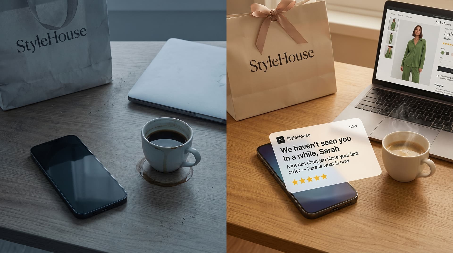 Split composition showing a lapsed customer's cold inactive desk next to a warm re-engaged scene with a win-back email reading "We haven't seen you in