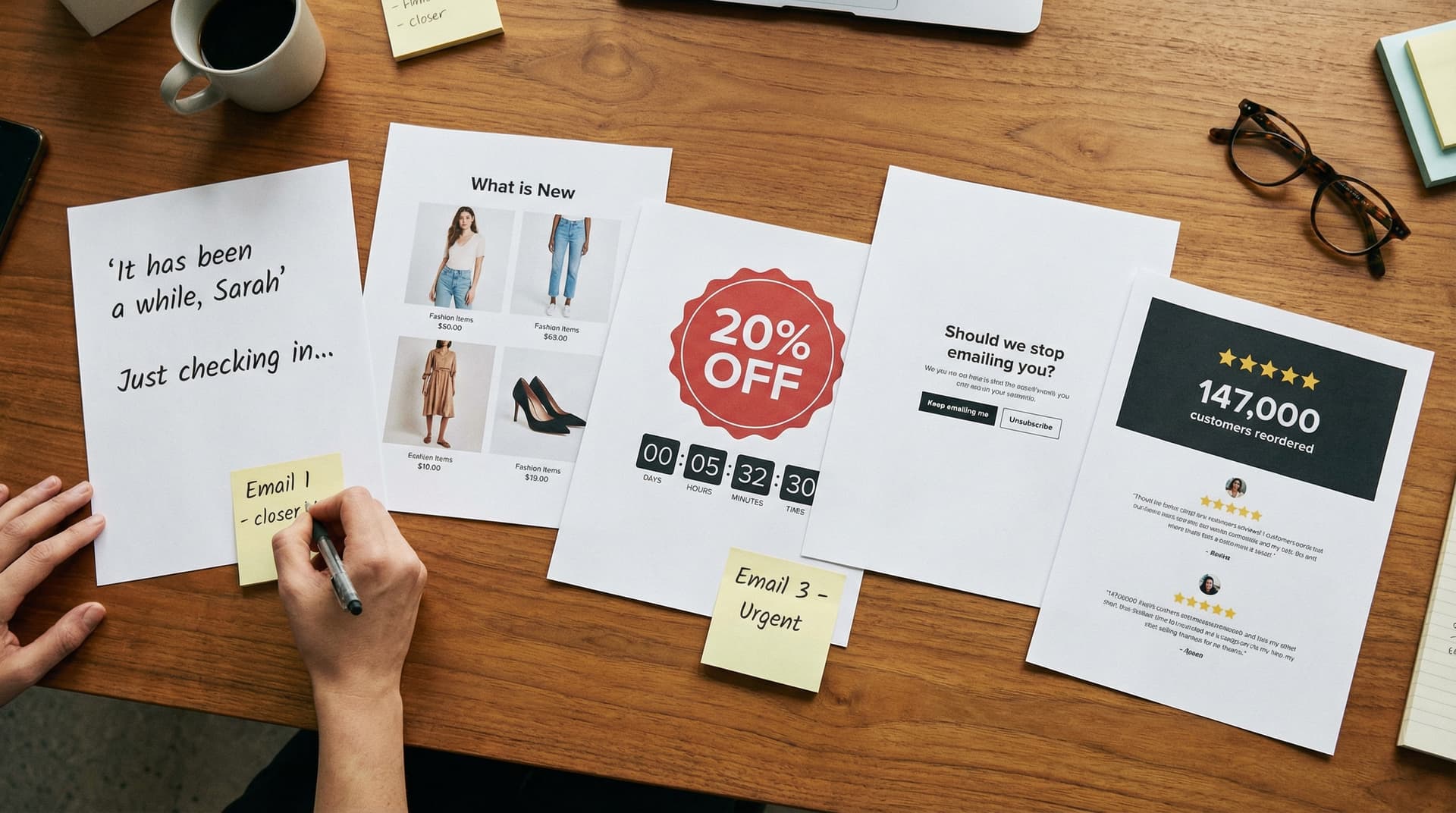 Five printed win-back email examples spread on a desk showing different approaches: personal text, product grid, 20% off discount, sunset warning, and
