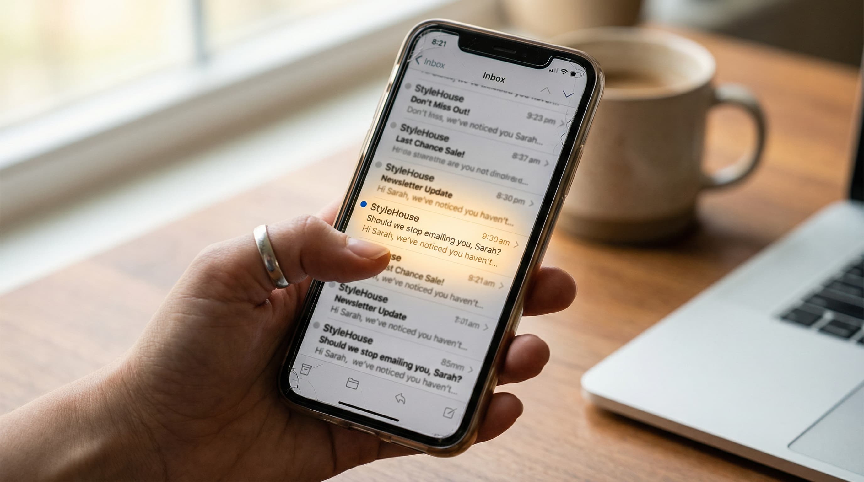 Smartphone showing an email inbox with months of ignored messages and one re-engagement email standing out with the subject line "Should we stop email