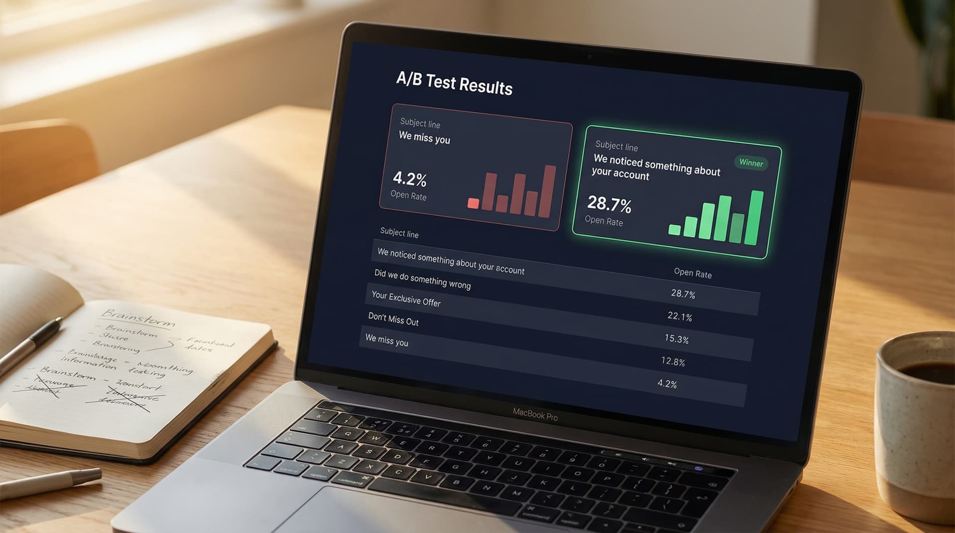 Laptop displaying a dark-mode A/B test dashboard where "We noticed something about your account" wins at 28.7% open rate versus "We miss you" at 4.2%.