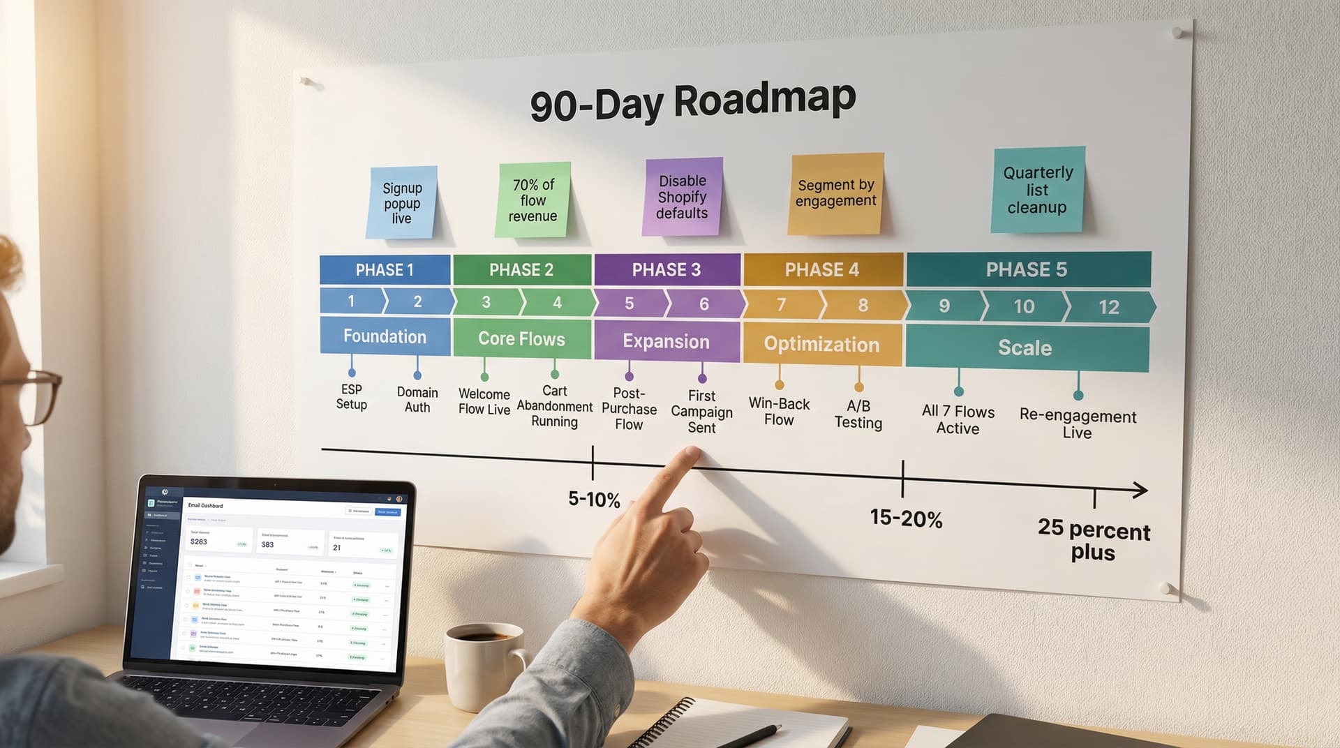 Wall poster showing a color-coded 90-day email marketing roadmap from ESP setup through all seven flows active, with revenue benchmarks at 5-10%, 15-2