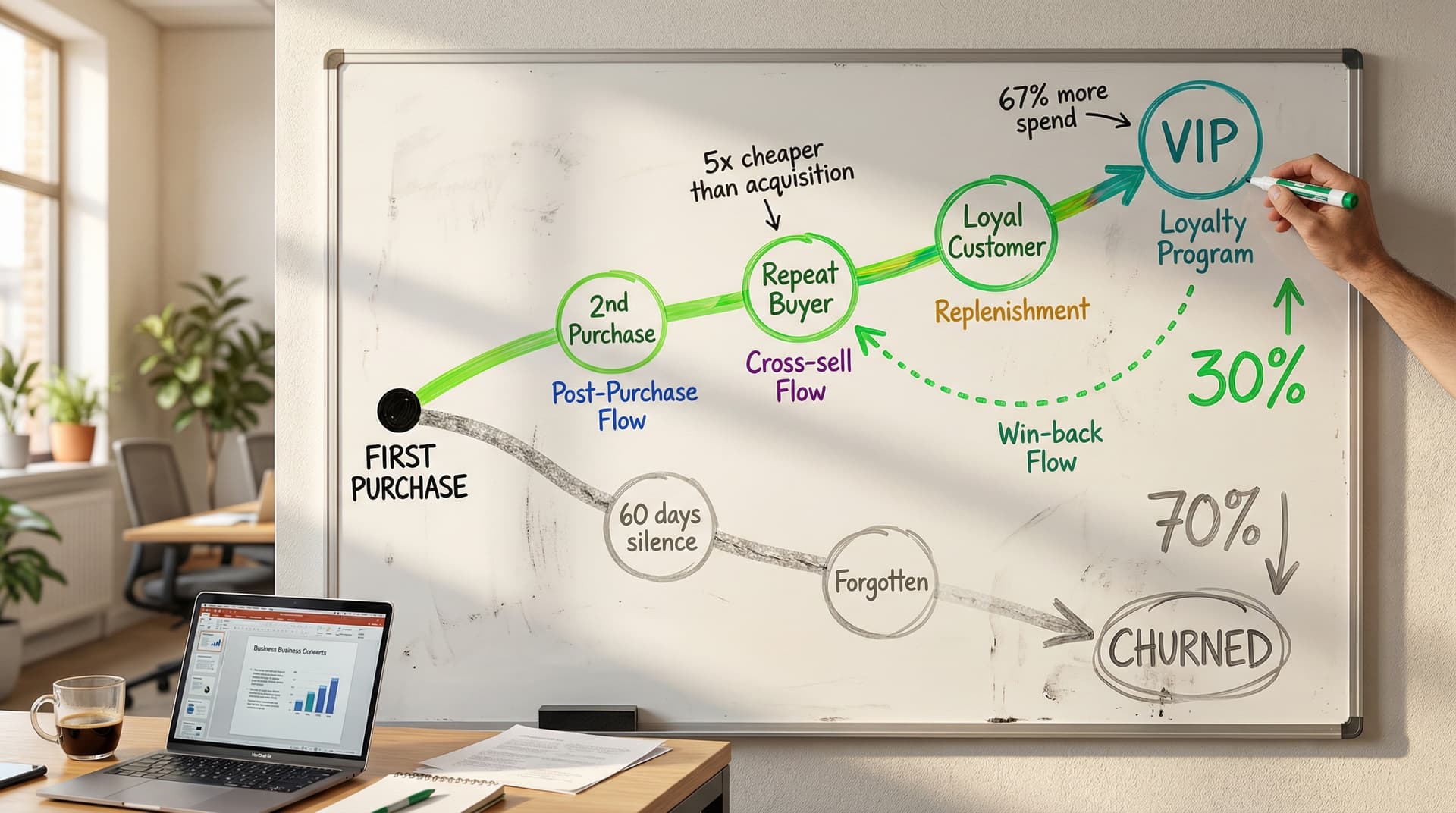 Whiteboard diagram showing two paths from first purchase: 70% churn downward in grey and 30% retention upward in green through post-purchase, cross-se