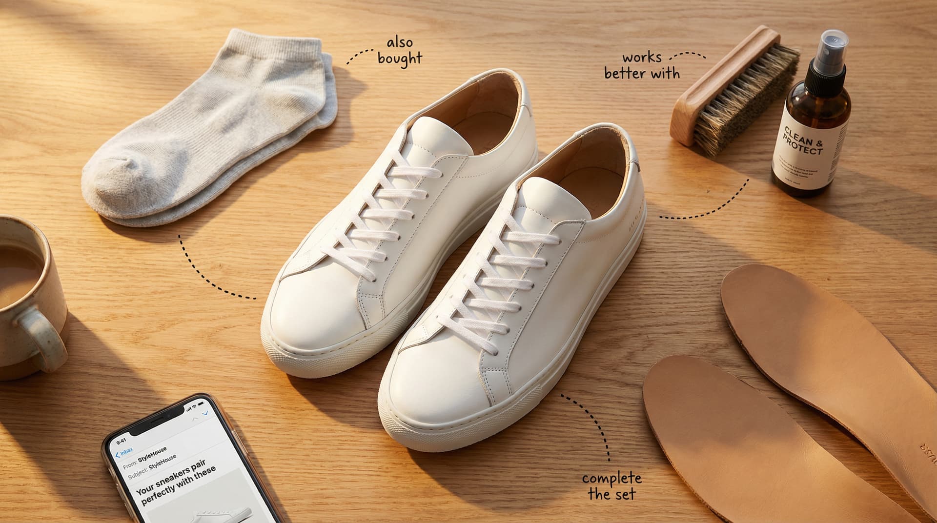 Editorial flat lay of white sneakers surrounded by complementary products — socks, shoe care kit, insoles — connected by dotted lines labeled "also bo