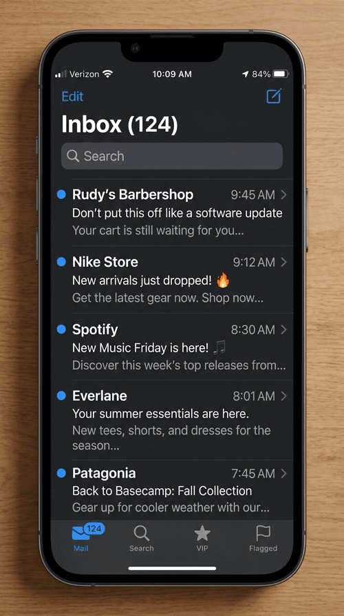 iPhone dark mode email inbox showing Rudy's Barbershop abandoned cart subject line Don't put this off like a software update
