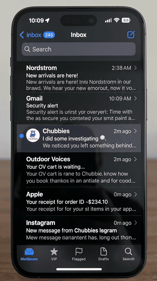 iPhone dark mode email inbox showing Chubbies abandoned cart subject line I did some investigating with magnifying glass emoji