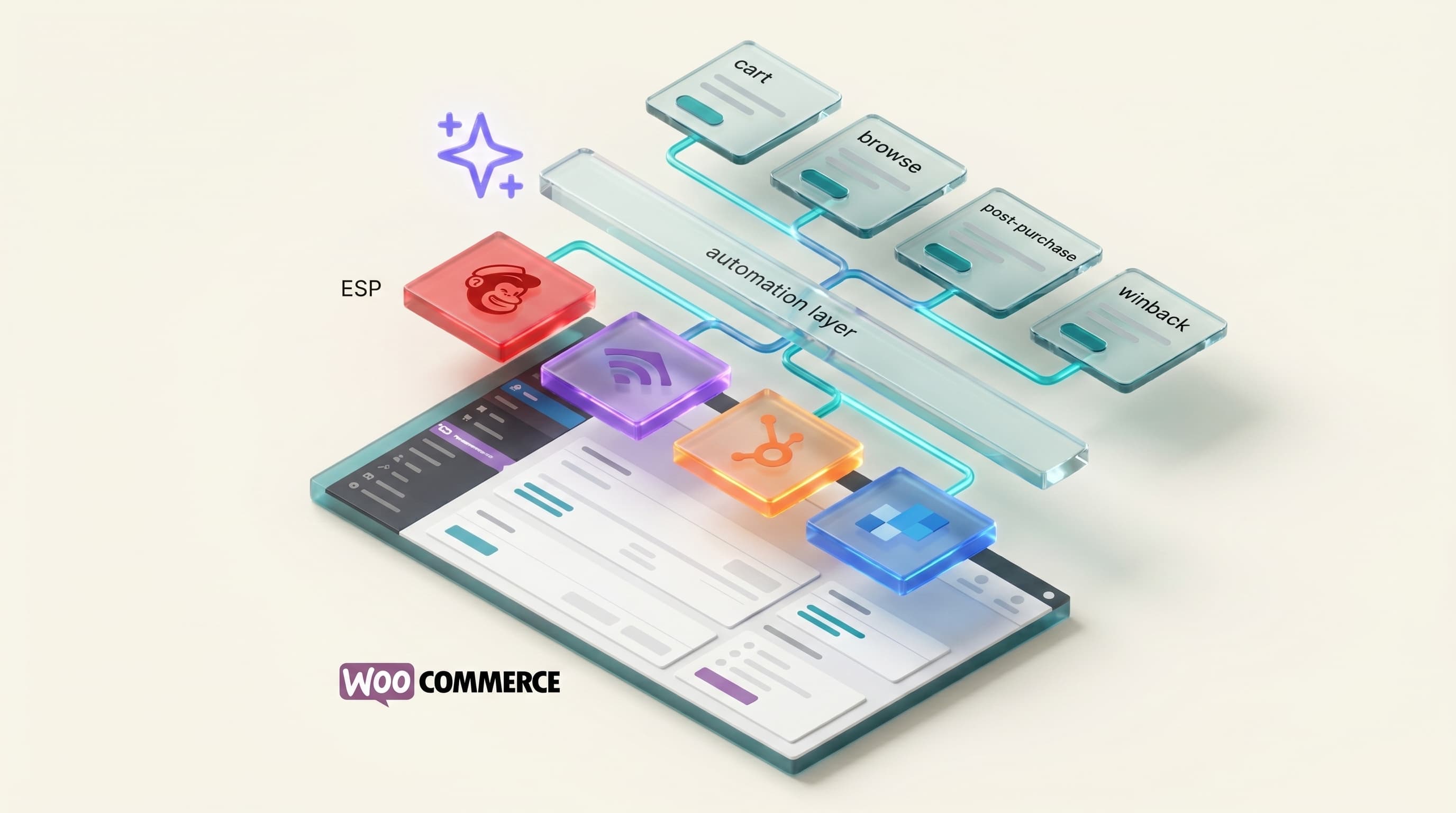Isometric illustration of a WooCommerce store with four ESP logos (Mailchimp, Klaviyo, HubSpot, SendGrid) below a connecting "automation layer".