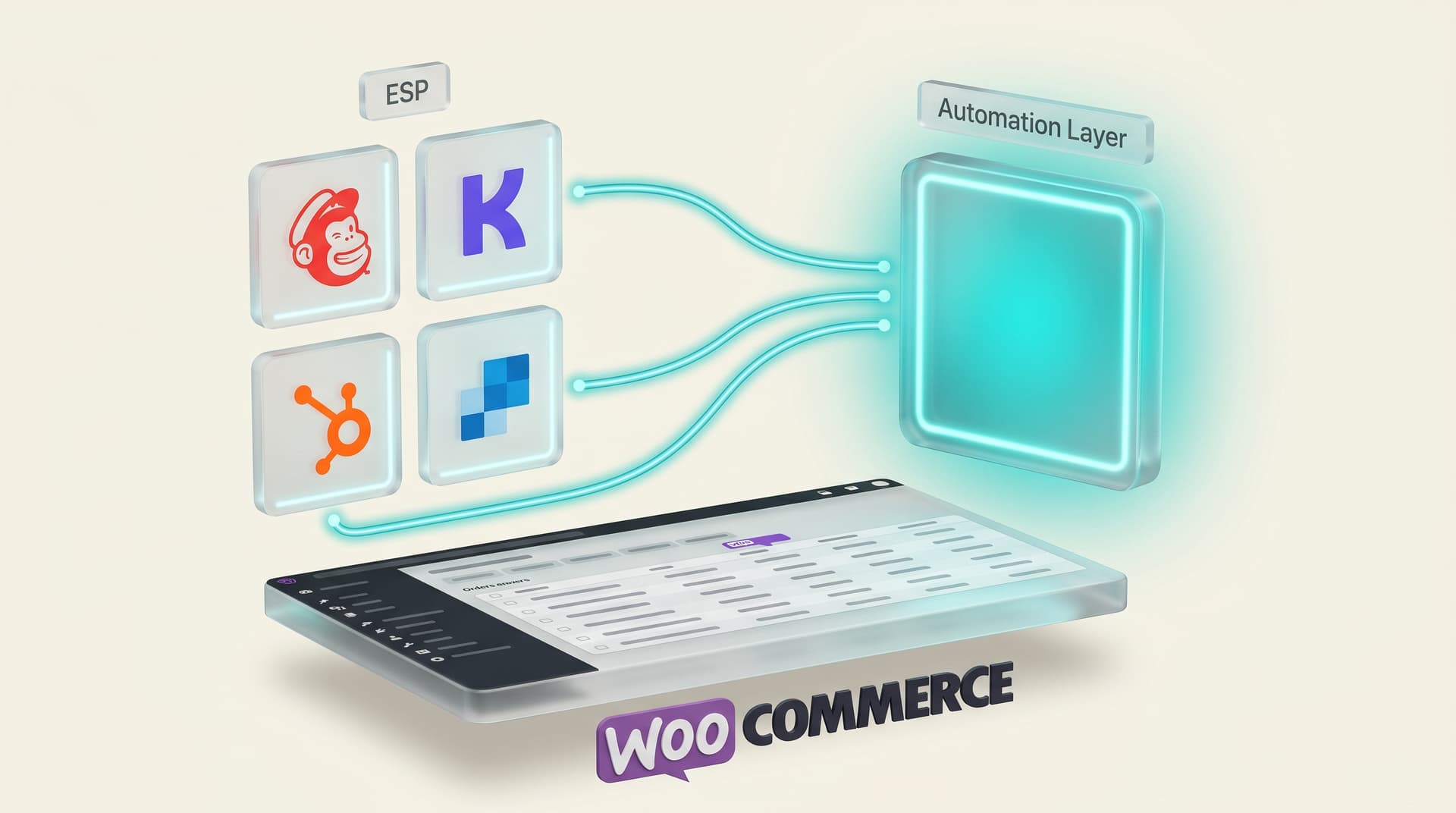 Isometric 3D render of a WooCommerce dashboard with ESP tiles (Mailchimp, Klaviyo, HubSpot, SendGrid) and a glowing Geysera automation tile.