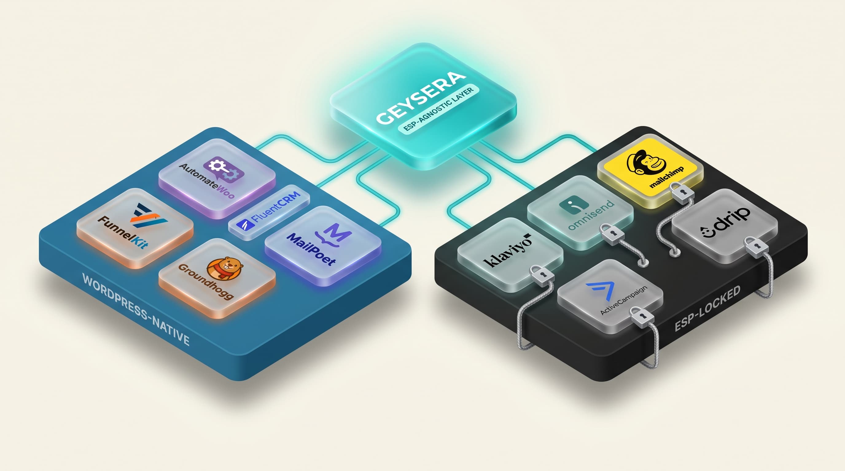 WooCommerce email automation tool logos in two groups, WordPress-native and padlocked ESP-locked, with Geysera's ESP-agnostic layer above both.