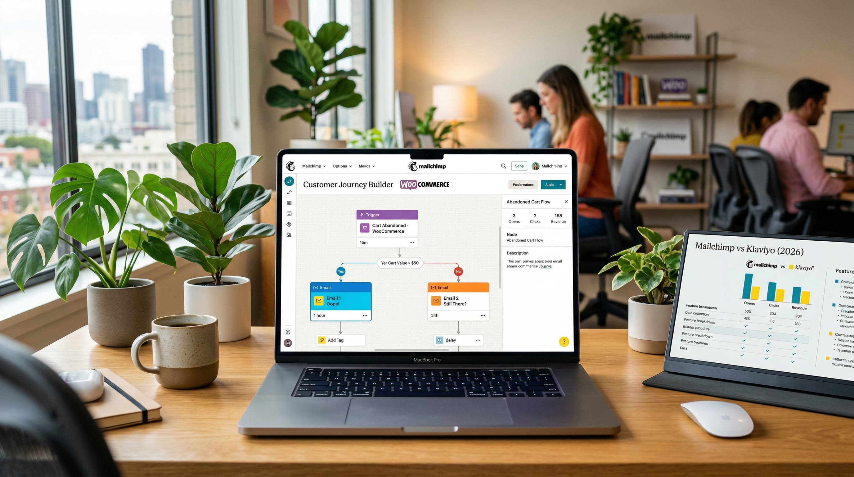 Mailchimp Customer Journey Builder showing a WooCommerce abandoned cart email flow on a laptop, with a Mailchimp vs Klaviyo comparison on a tablet