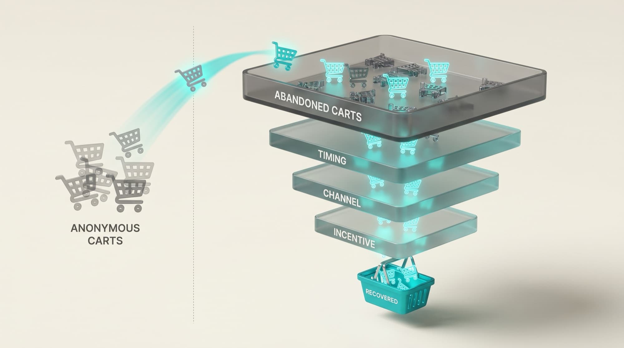 Teal recovery funnel of timing, channel and incentive tiers pulling carts from an abandoned-carts tray, with ghosted anonymous carts pulled in.