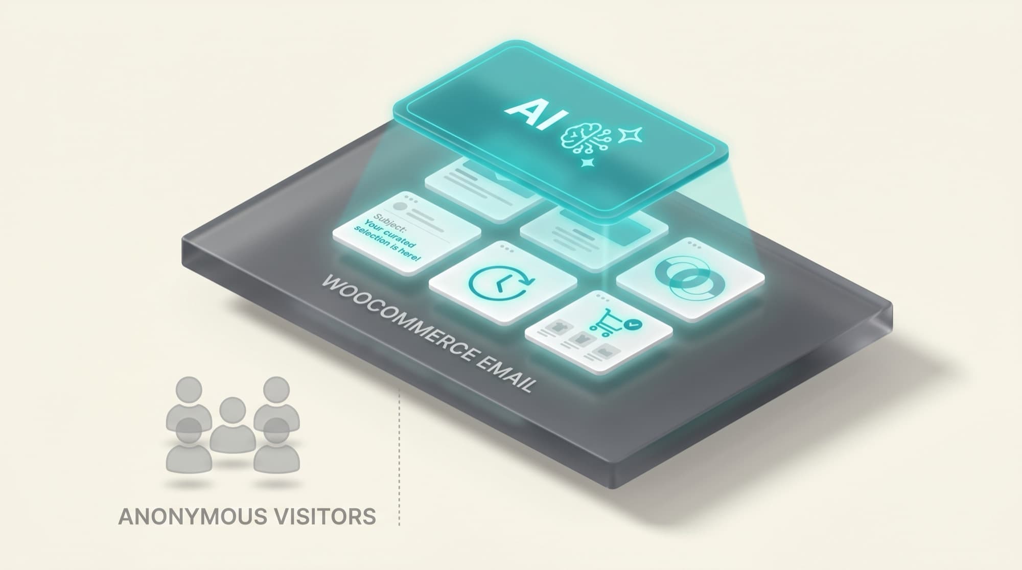 A teal AI layer improves WooCommerce email cards for known contacts; anonymous visitors beyond a dotted line stay out of the AI's reach.