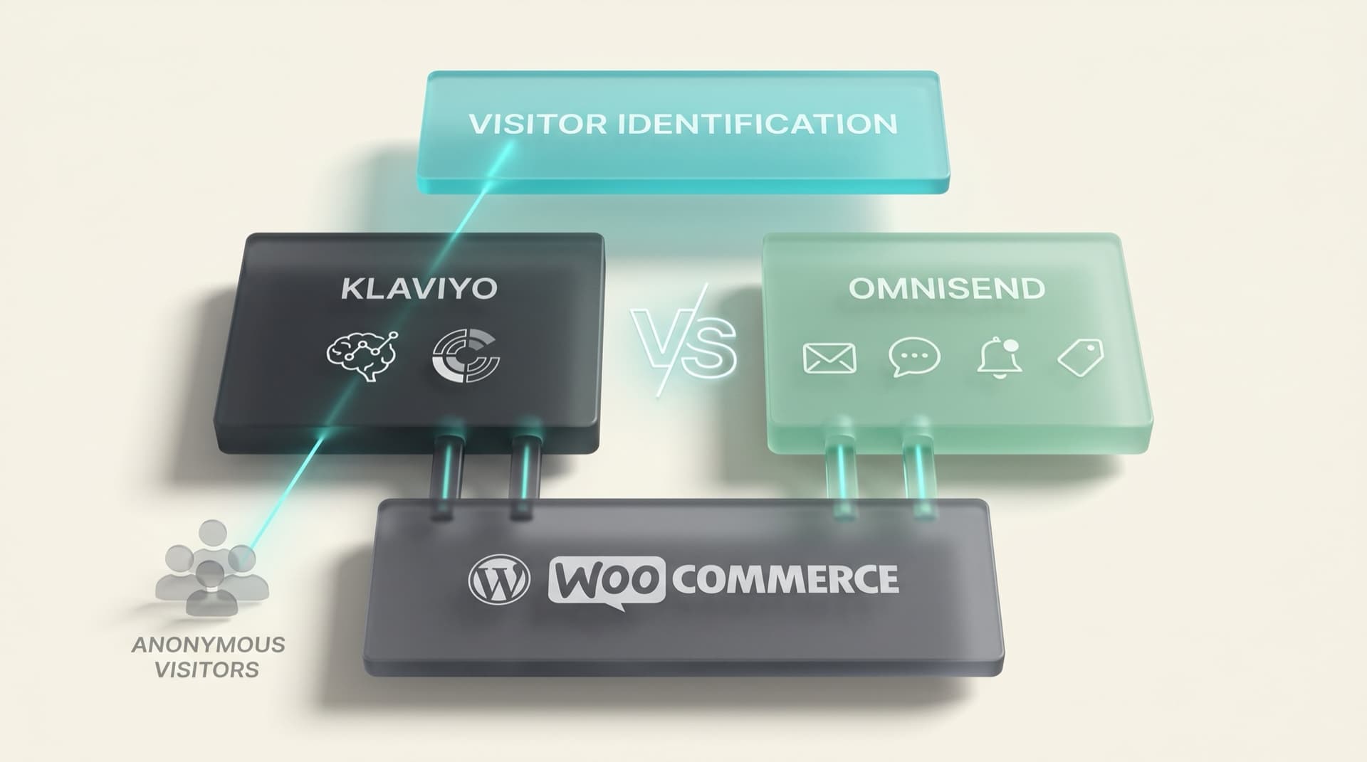 Klaviyo and Omnisend slabs on a WooCommerce foundation with a VS glyph; a teal visitor-identification layer above reaches the anonymous visitors.