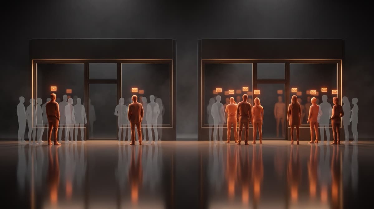 Two identical storefronts with identical crowds, a few figures lit at one and many more lit at the other, described in full in the table below.