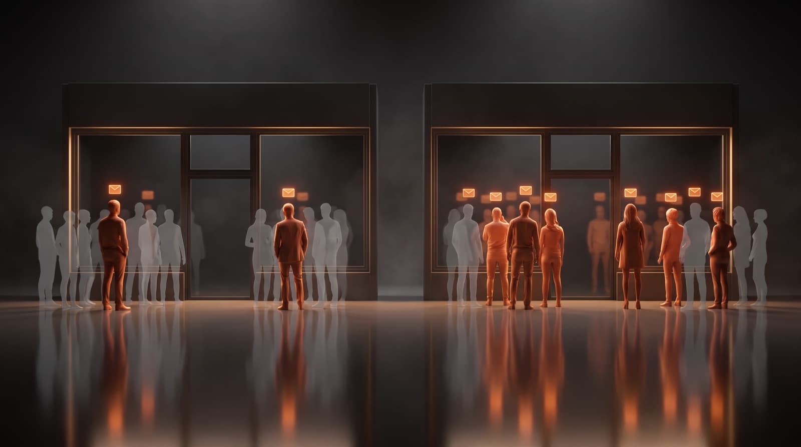 Two identical storefronts with identical crowds, a few figures lit at one and many more lit at the other, described in full in the table below.