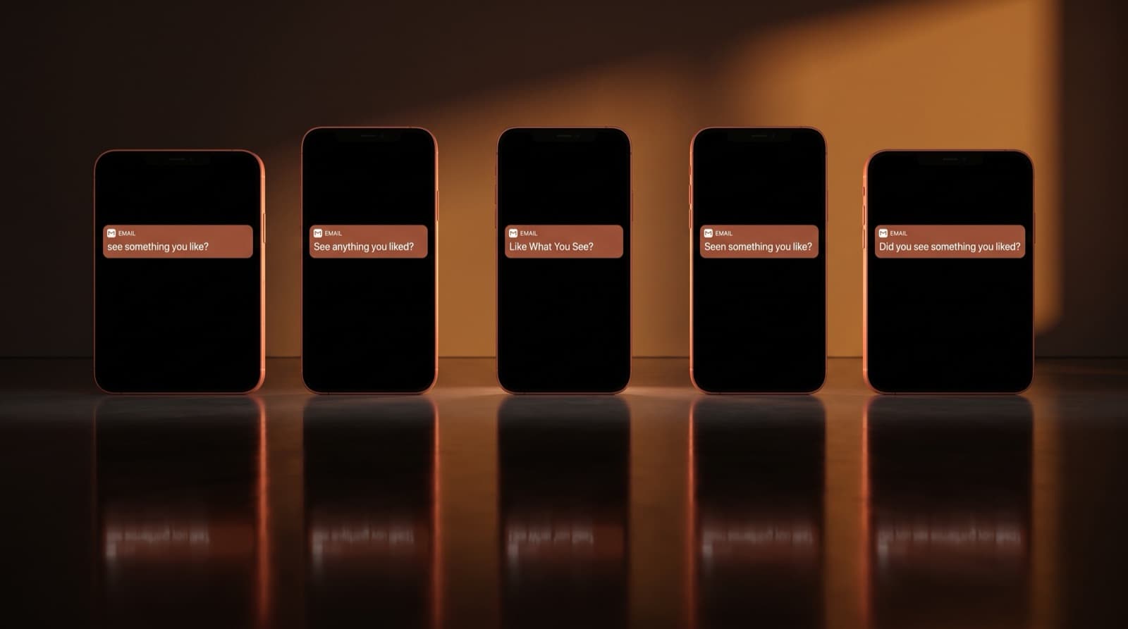 Five phones side by side, each showing an email notification with a near-identical version of the same browse abandonment subject line.