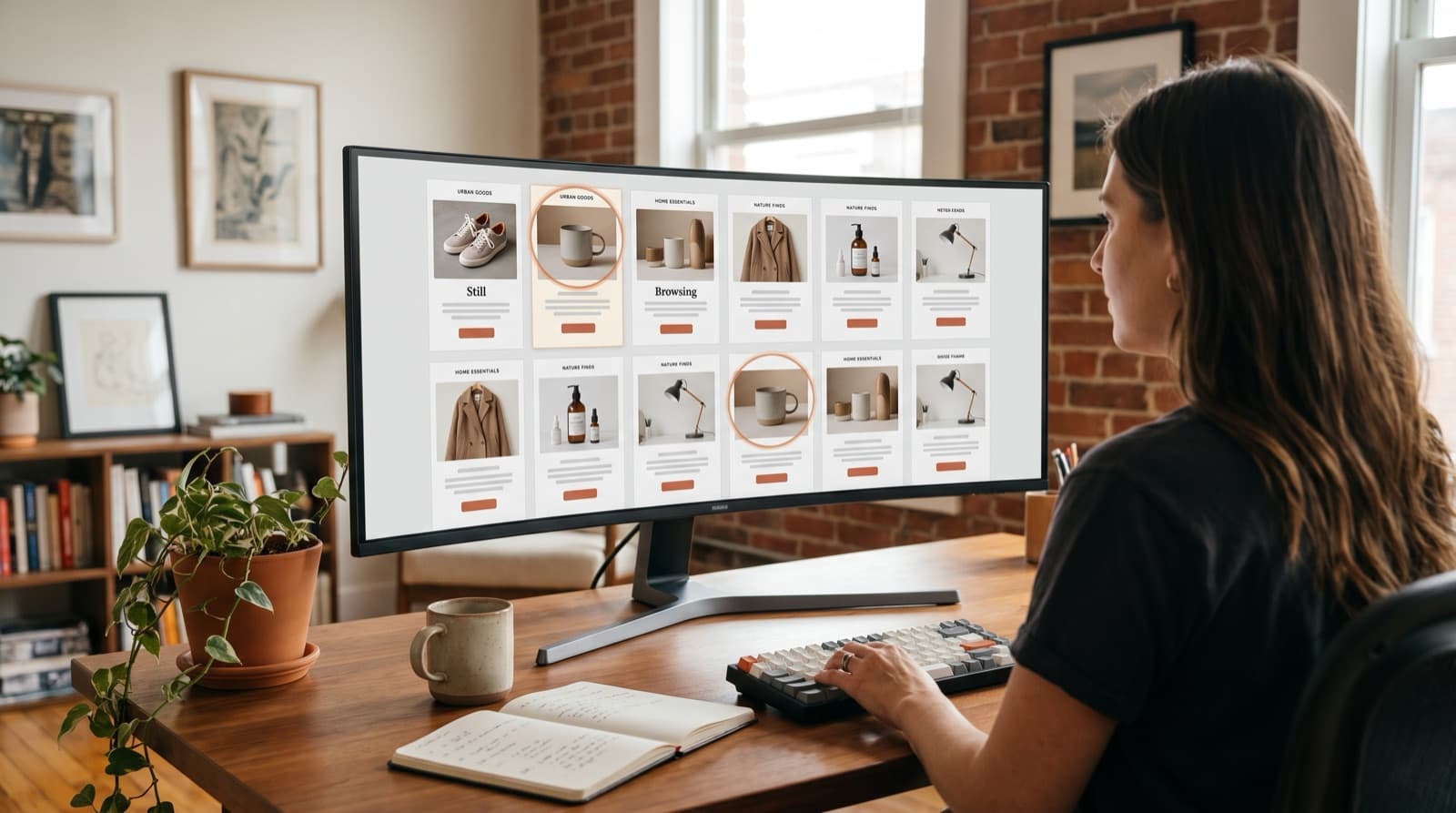 Marketer at a sunlit desk studying a grid of twelve browse abandonment email mockups on a curved ultrawide monitor.