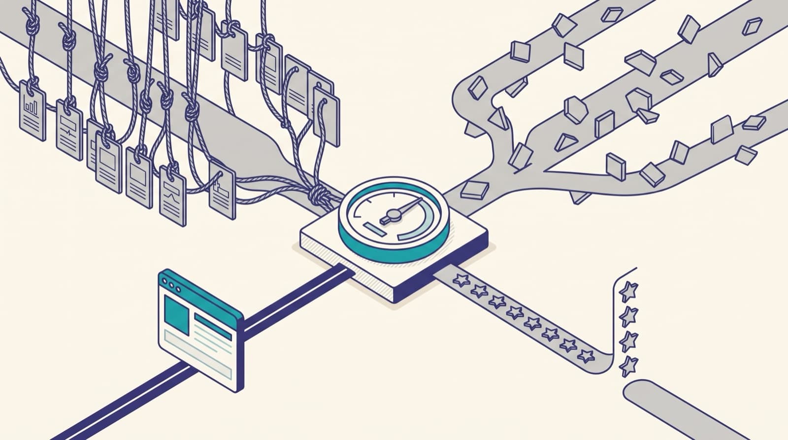 Isometric illustration of four intent data sources feeding one surge score, three shown greyed and unresolved, one resolving into a named account