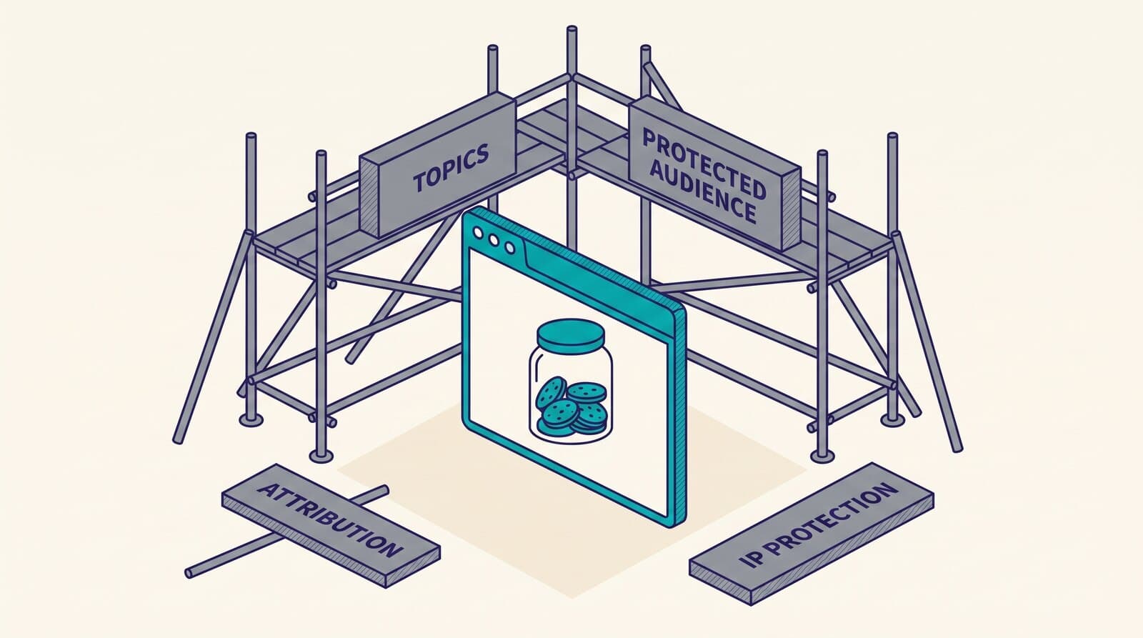 Isometric illustration of an unchanged browser window beside a grey scaffold of retired advertising APIs being dismantled around it