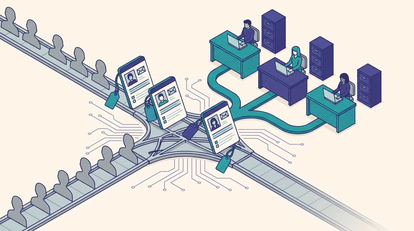 Isometric illustration of a sorting junction where resolved profile cards ride a teal rail to three desks while grey silhouettes run into a siding