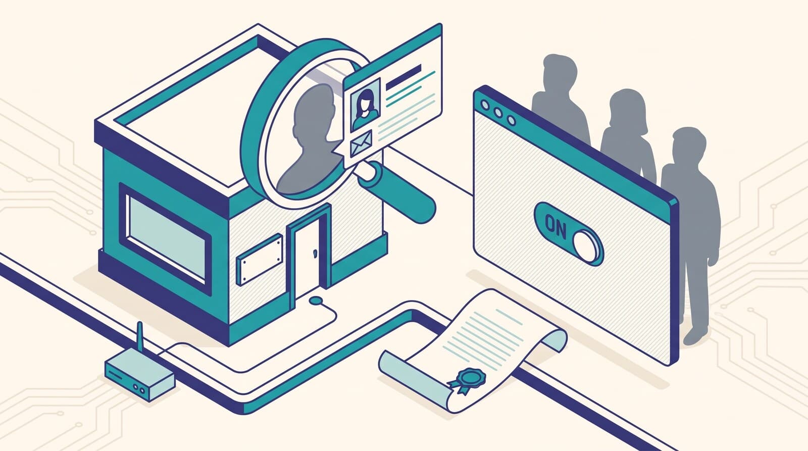 Isometric illustration of a doorway under a magnifying glass resolving a grey silhouette into a profile card, beside a browser toggle set to on